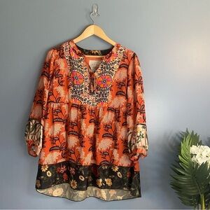 John Mark Orange Artsy Boho Floral Mixed Print Blouse